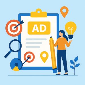 PPC ad targeting with clipboard and creative strategy icons