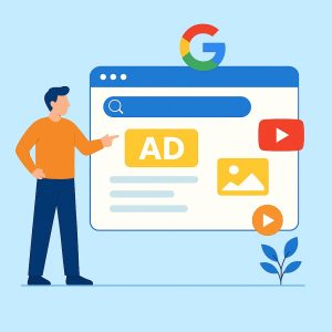 Google Ads interface showing search, display, and video ad elements