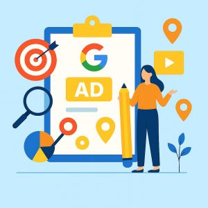 Google Ads planning with targeting, location, and analytics icons