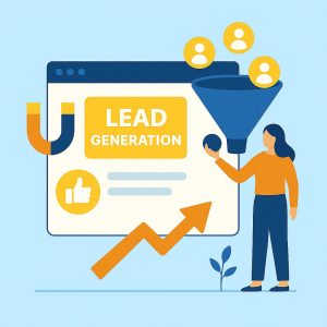 Lead generation strategy illustration with funnel and user conversion