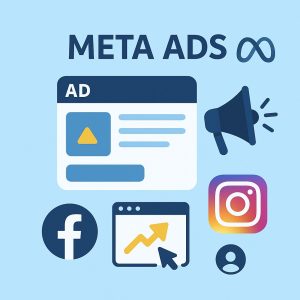 Meta ads with Facebook, Instagram, and growth analytics icons