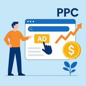 PPC ad illustration with growth arrow and dollar sign